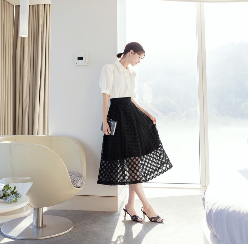 Elegant Feminine See-Through Flare Skirt / Korean Style Party Dress Skirt / Daily Dressy Midi Skirt image 1