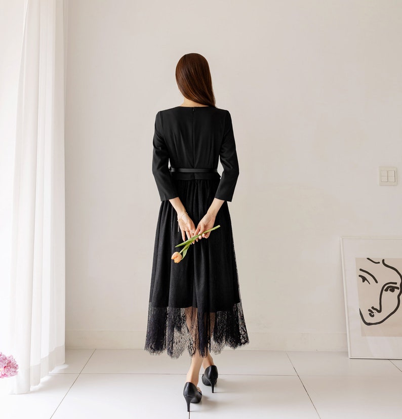 Elegant Feminin 3/4 Sleeve Dress with Belt / Korean Style Blouse and Lace Skirt for One-piece Dress / Modern Chic Long Dress image 9