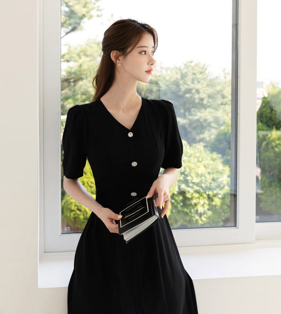 Buy Elegant Short Sleeve Flare Dress / Korean Style V Neck Black Midi Dress  With Jewel Button / Luxury Wear Elegant Dress Online in India 