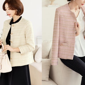 Elegant Check Tweed Jacket / Korean Style Classic Femine Jacket / Long Sleeve Soft Jacket Pink, Ivory