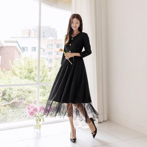 Elegant Feminin 3/4 Sleeve Dress with Belt / Korean Style Blouse and Lace Skirt for One-piece Dress / Modern Chic Long Dress image 4