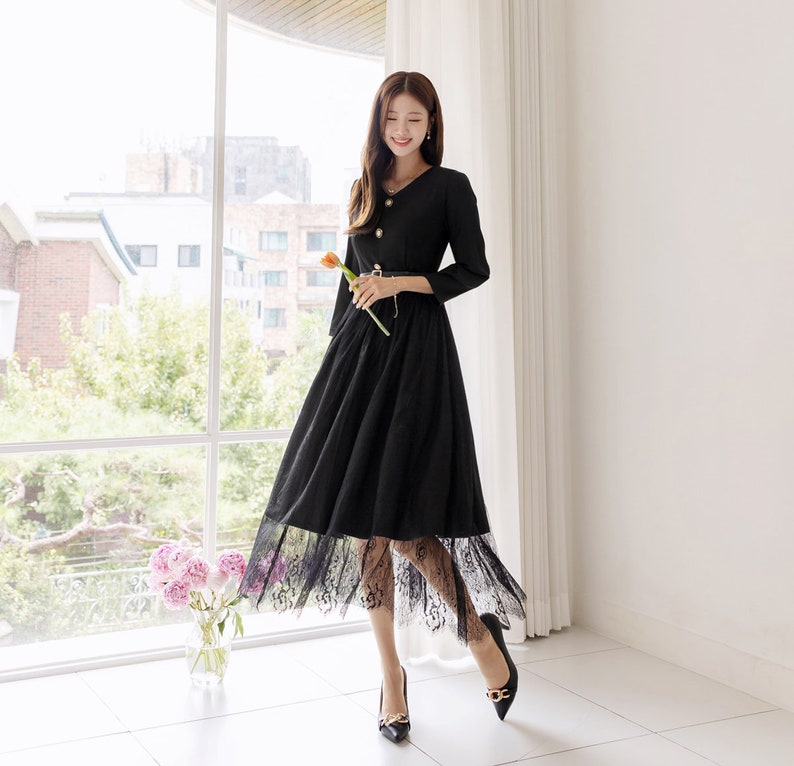 Elegant Feminin 3/4 Sleeve Dress with Belt / Korean Style Blouse and Lace Skirt for One-piece Dress / Modern Chic Long Dress image 4