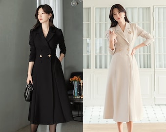 Classic Elegant Feminin Double Breasted Dress  / Korean Style Midi Long Dress / Modern Chic Tailored Collar Dress / Jacket Coat Style Dress