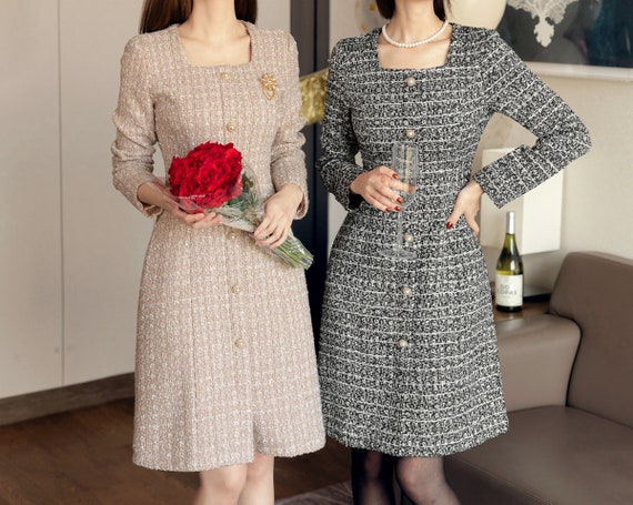 New Fashion Women Tweed Dress Autumn Winter Lace Patchwork Lace