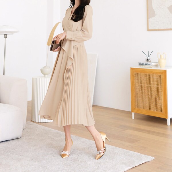 Beige draped Midi Dress with Belt / V-neck Unbalance Side Pleated Long Dress / Korean Style Women Dress / Elegant Feminin Dress / Plus Size