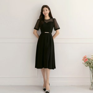 See-Through Sleeve Simple Feminine Black Dress / Korean Style Women Flare Dress / Elegant Black Dress / Summer Midi Dress image 4