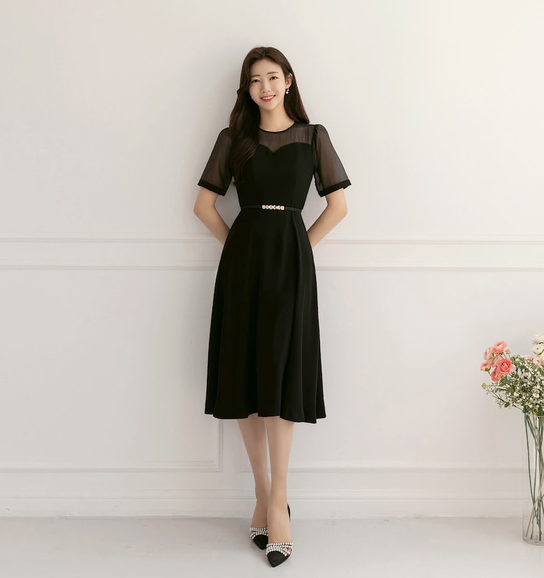 See-Through Sleeve Simple Feminine Black Dress / Korean Style Women Flare Dress / Elegant Black Dress / Summer Midi Dress image 4