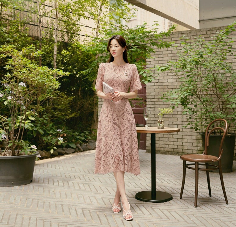 Short Sleeve shops Spring Summer Lace Dress / Korean Style Lace Midi Dress / Luxury wear Elegant Dress