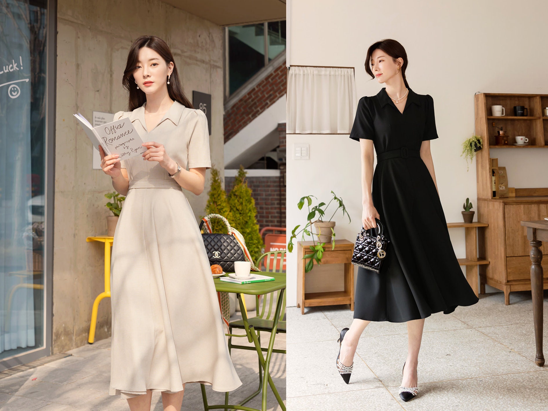 Elegant Feminin Flare Dress With Belt / Korean Style Belt Point