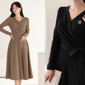 Feminin Long Sleeve Drape Shirring Flare Dress / Korean Style Classic Midi Dress / Basic Long Sleeve Warm Dress