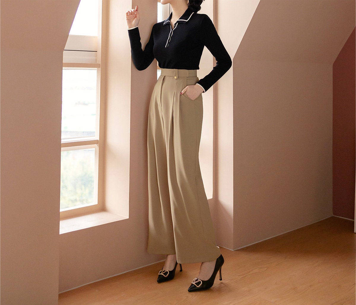 Pantalones anchos elegantes y cómodos para mujeres / Pantalones de cintura  elástica de mujer de estilo coreano / Pantalones escolares de oficina  casuales cómodos -  España