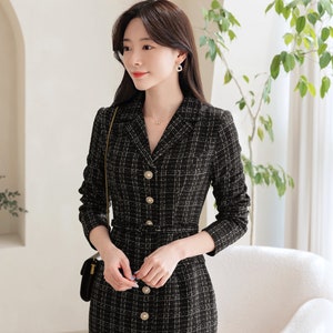 Elegant Tweed Dress with Belt / Korean Style Classic Midi Dress / Luxury wear Elegant Dress in Black image 5