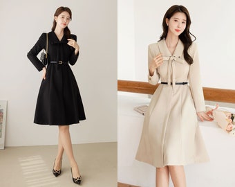 Classic Elegant Feminine Flare Dress with Belt / Korean Style Midi Dress with Long Sleeve / Simple Ribbon Tie Dress with Belt