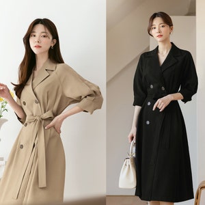 Elegant Feminin Trench Dress with Belt / Korean Style Double Breasted Dress / V Neck Long Dress / Jacket Style Modern Chic Midi Dress