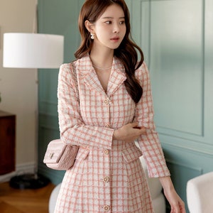 Elegant Feminin Single Button Tweed Mini Dress / Korean Style Pink Mini Dress / Modern Chic Jacket Dress for Fall Winter image 4