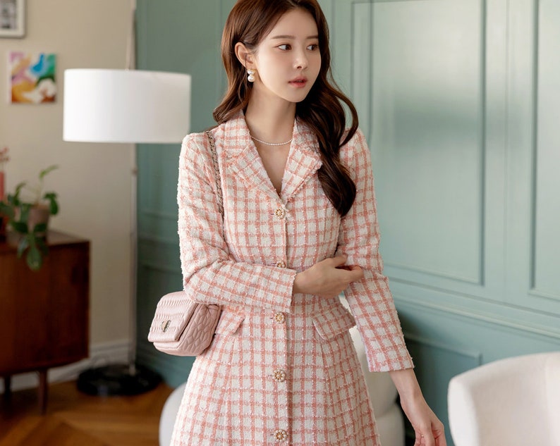 Elegant Feminin Single Button Tweed Mini Dress / Korean Style Pink Mini Dress / Modern Chic Jacket Dress for Fall Winter image 4