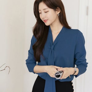 Modern Chic Long Sleeve Tie Neck Blouse / Korean Style Luxury Feminine Women Clothes / Stylish Office Look Top / Everyday Soft Blouse image 7