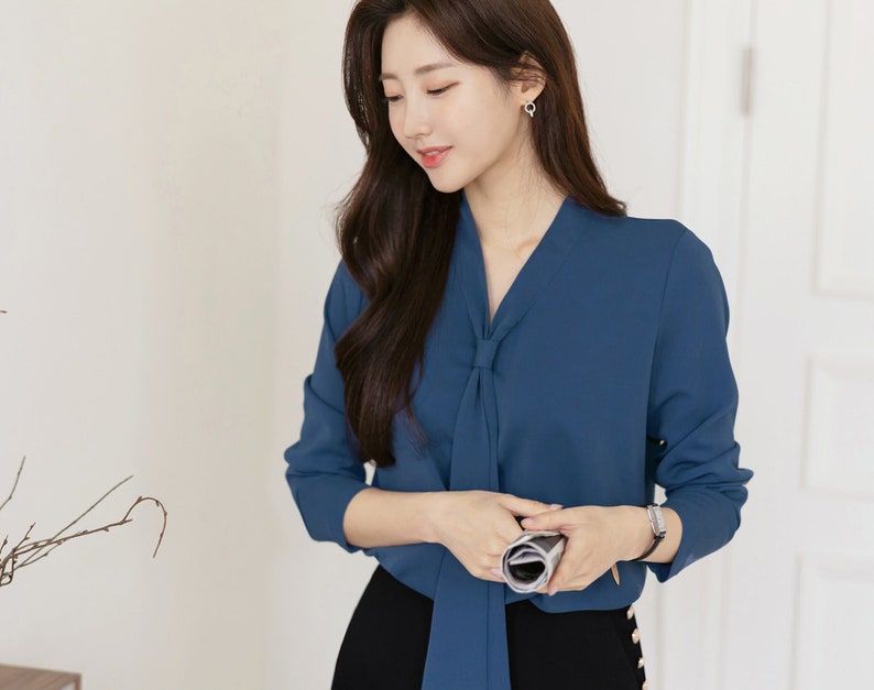 Modern Chic Long Sleeve Tie Neck Blouse / Korean Style Luxury Feminine Women Clothes / Stylish Office Look Top / Everyday Soft Blouse image 7