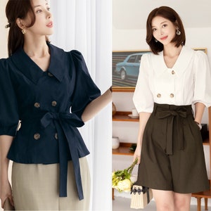 Haut chemisier élégant et unique en lin et coton / style coréen chemisier féminin à grand col / haut boutonné sur le devant / chemisier quotidien pour l'été