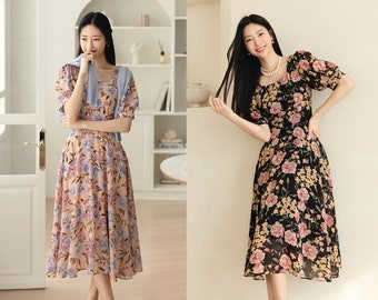 Elegant Feminin Square Neck Chiffon Dress / Korean Style Puff Sleeve Flare Dress / Short Sleeve Midi Dress / Bridesmaid Dress