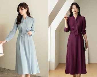 Tie Neck Flare Dress / Korean Style Feminin Flare Midi Dress / Flare Midi Dress / Elegant Feminin Dress
