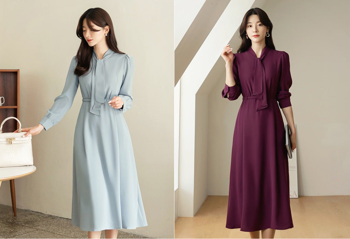 Tie Neck Flare Dress / Korean Style Feminin Flare Midi Dress / Flare Midi  Dress / Elegant Feminin Dress -  Norway