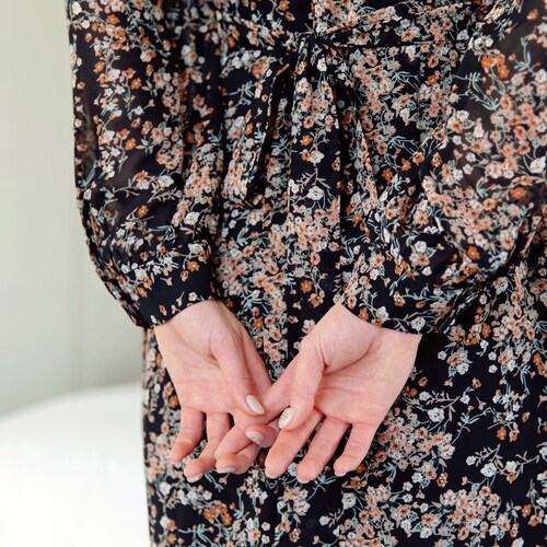 korean chiffon dress midi V Neck Floral Chiffon Long Dress / Long Sleeve Spring Summer Midi Dress /  Korean Style Feminin Midi Dress