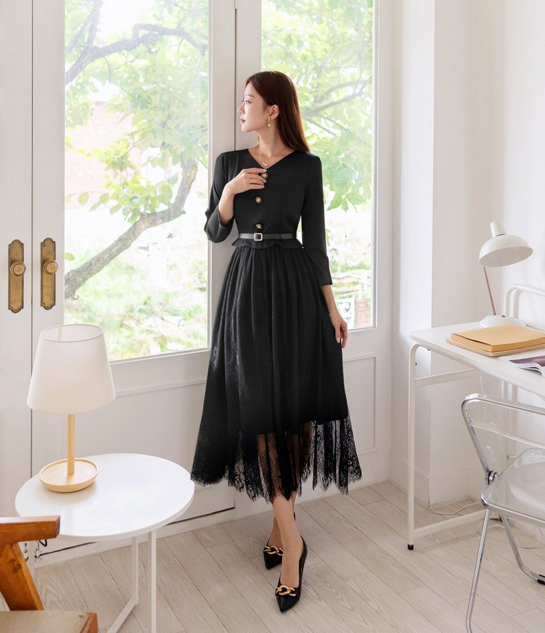 Elegant Feminin 3/4 Sleeve Dress with Belt / Korean Style Blouse and Lace Skirt for One-piece Dress / Modern Chic Long Dress image 1