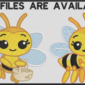 Könnte beinhalten: Gesticktes Design mit zwei Cartoon-Bienen mit gelben Körpern, schwarzen Streifen und hellblauen Flügeln. Jede Biene hält einen Korb. Der Text "ALL FILES ARE AVAILABLE" befindet sich oben im Bild.