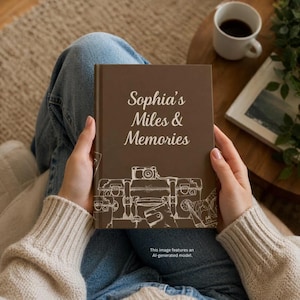 May include: A brown photo album titled "Sophia's Miles & Memories" with a suitcase and camera illustration. The album is held by a person wearing a cream sweater and blue jeans. A cup of coffee and a book are in the background.