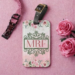 Floral Monogram Luggage Tag, Personalized Initials Bag Tag, Custom Rose Travel Accessory, Elegant Suitcase Label Gift for Women Travelers