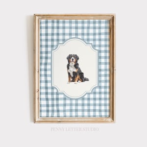 A framed print featuring a Bernese mountain dog sitting in the center, surrounded by a blue and white gingham pattern.