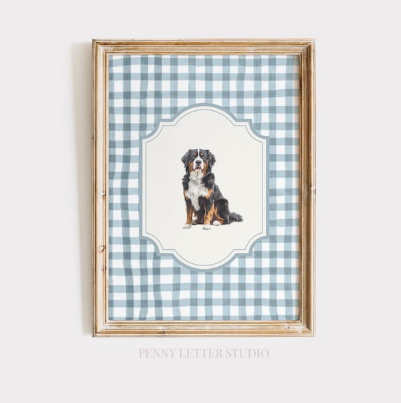 Bernese Mountain Dog Blue Gingham Print , Cute Dog Nursery Art Print
