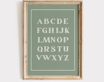 Alphabet Vintage Sage Green Background Print: Neutral Nursery Wall Art