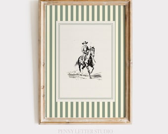 Cowboy Vintage Sketch, Green Stripe Art Print, Western Nursery Decor