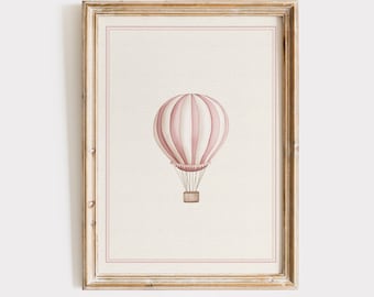 Hot Air Balloon Vintage Pink Print: Whimsical Adventure Nursery Art for Girls Room