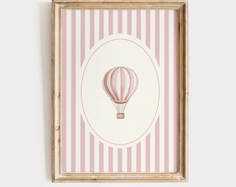 Hot Air Balloon Vintage Pink Stripe Print: Whimsical Adventure Nursery Art for Girls Room
