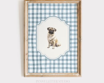 Blue Gingham Pug Nursery Art Print , Cute Dog Art for Kids Room