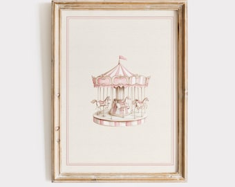 Carousel Pink Vintage Drawing Print: Whimsical Nursery Wall Art