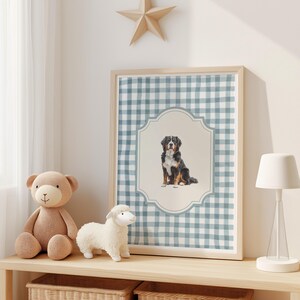 a wooden shelf with a framed picture of a dog, a teddy bear, and a stuffed lamb.