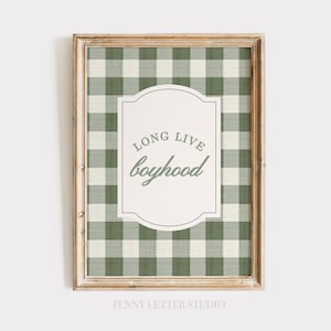 Long Live Boyhood Nursery Print, Green Gingham Wall Art, Grandmillennial Boy Room Decor, Vintage Baby Shower Gift Idea
