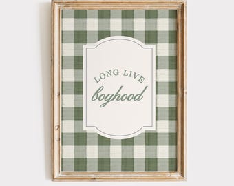 Long Live Boyhood Nursery Print, Green Gingham Wall Art, Grandmillennial Boy Room Decor, Vintage Baby Shower Gift Idea