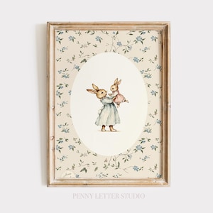 Vintage Rabbit Mother and Baby Yellow Floral Print: Sunny Bunny Nursery Art
