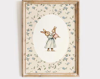 Vintage Rabbit Mother and Baby Yellow Floral Print: Sunny Bunny Nursery Art