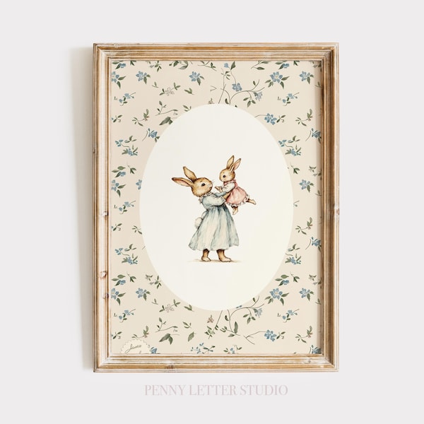 Estampado floral amarillo vintage de madre conejo y cría: Arte infantil de conejito soleado