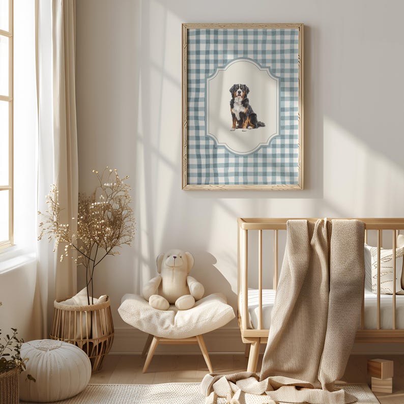 A cozy nursery with a wooden crib, a teddy bear, and a framed picture of a dog on the wall.