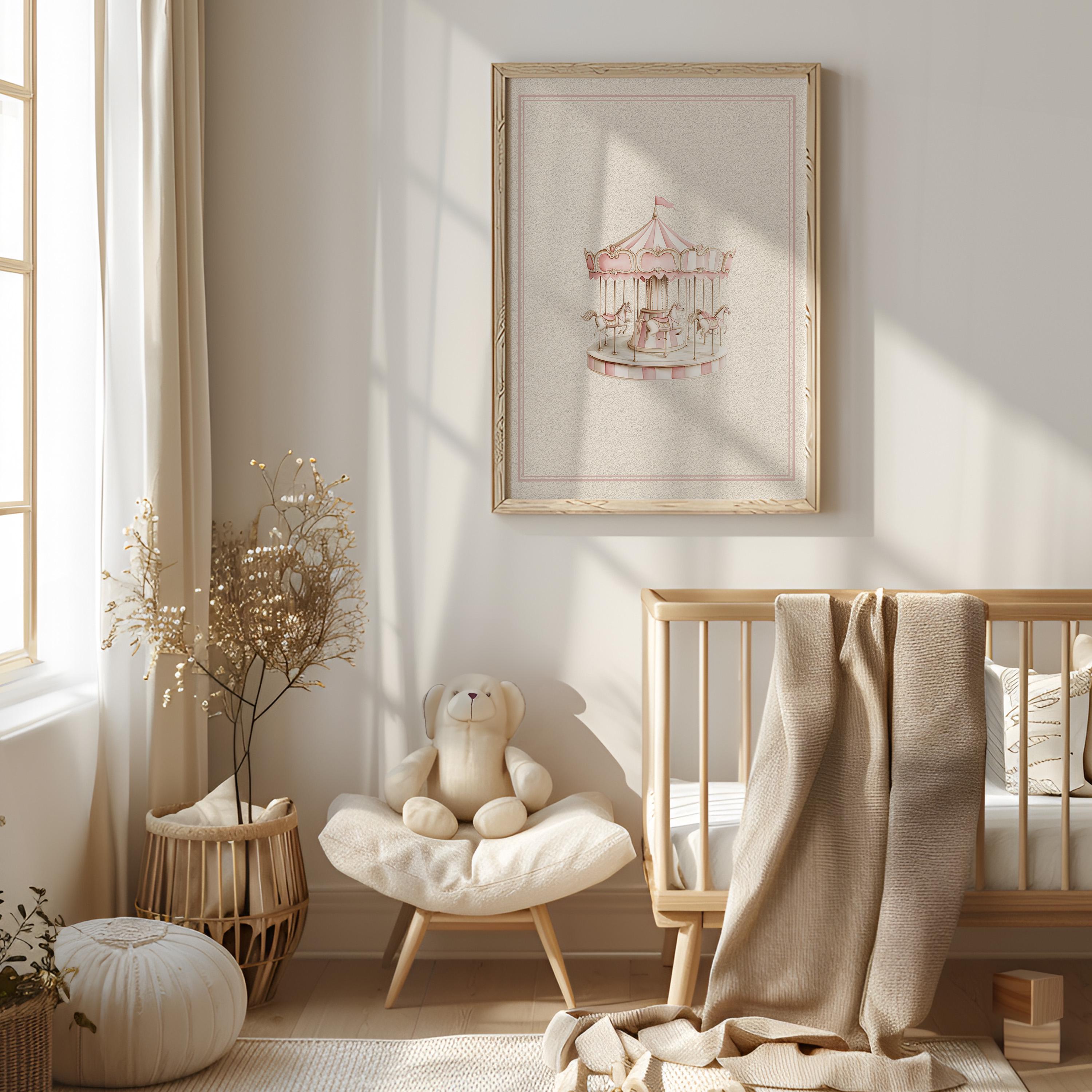 Carousel Pink Vintage Drawing Print: Whimsical Nursery Wall Art - Etsy