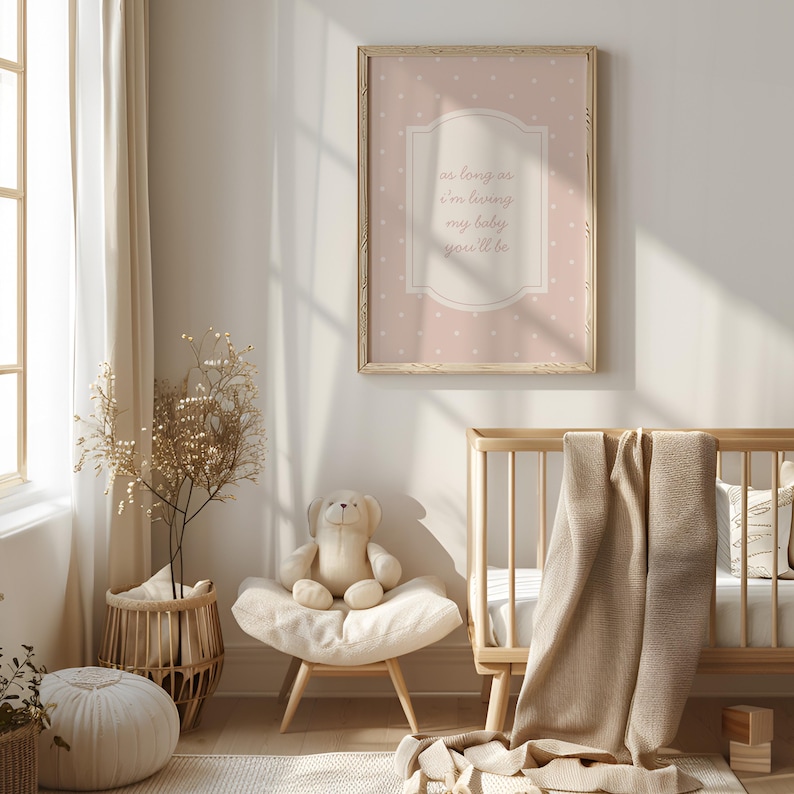A cozy nursery with a wooden crib, a stuffed animal, and a framed wall art with a message. The room has a warm, inviting atmosphere with natural light coming in from a window.