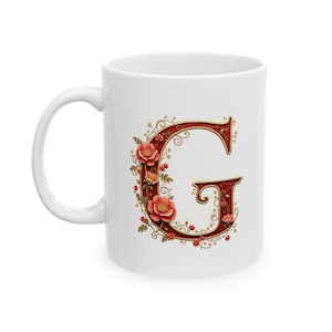 Taza de café con monograma G con elegante diseño en rojo y dorado, personalizada, para cumpleaños, bautizo, boda y Navidad. 325 ml (11 oz y 15 oz)