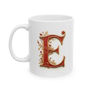 Taza de café con monograma E con elegante diseño en rojo y dorado, personalizada, para cumpleaños, bautizo, boda o Navidad. 325 ml (11 oz y 15 oz)